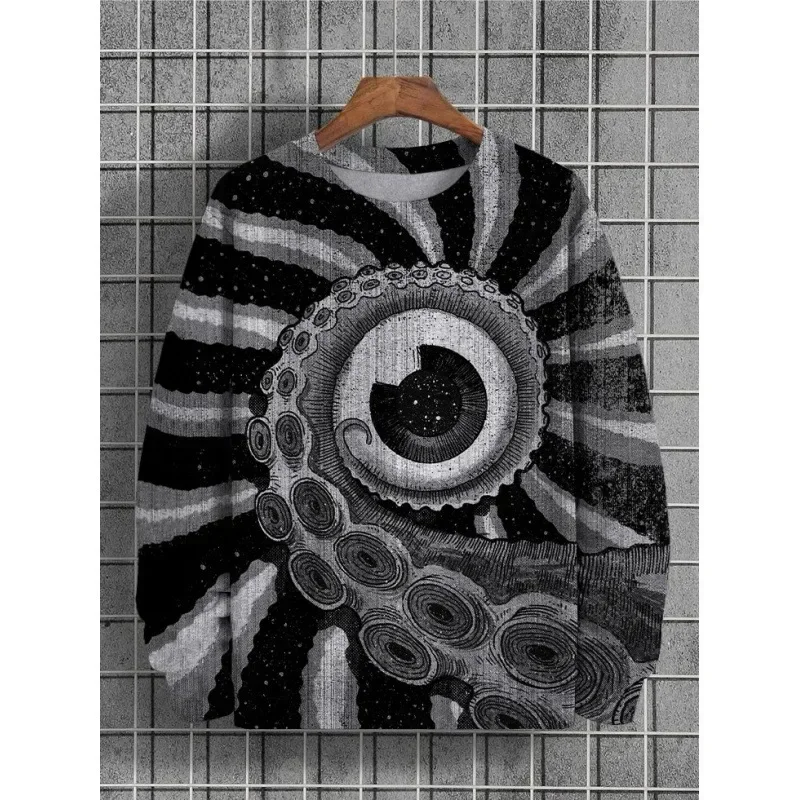 Camisola com capuz estampada com um desenho gráfico abstrato em 3D, camiseta de outono, camisola masculina, modelo folgado, gola redonda, roupa mascul