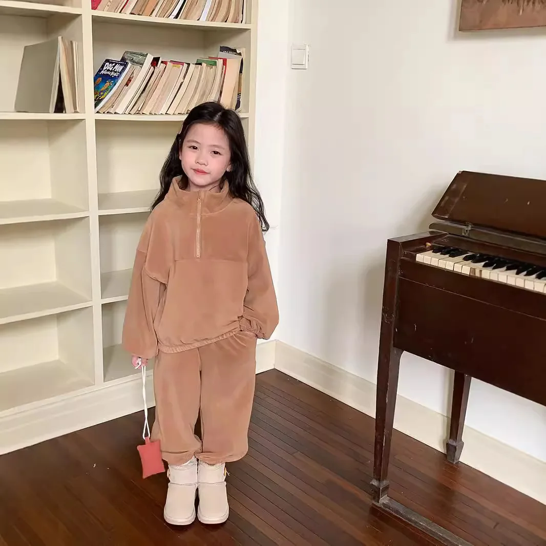 Autumn Toddler Girl Two-piece Clothes Set Cotton Solid Fleece Infant Baby Girl Sweatshirt Loose Velvet Sports Pant Kid Girl Suit