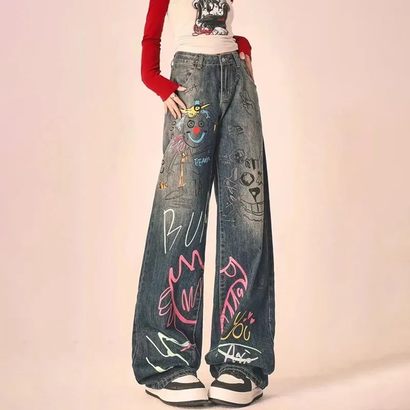 

Vintage Chic Graffiti High Waist Jeans Women's 2024 Autumn Winter New High Street Loose Slimming Denim Straight Long Pants