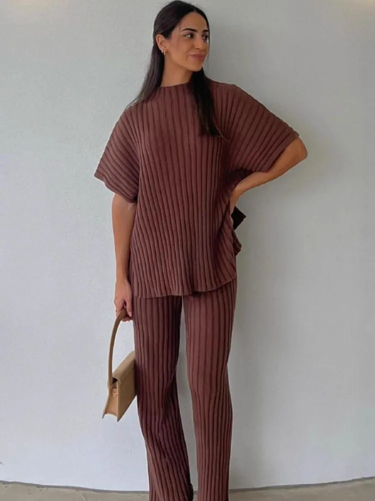 

Blifanbo Casual Knit Short Sleeve Tops Long Pants 2 Pieces Set Women Autumn Leisure Knit Solid Top And Long Pants Matching Sets