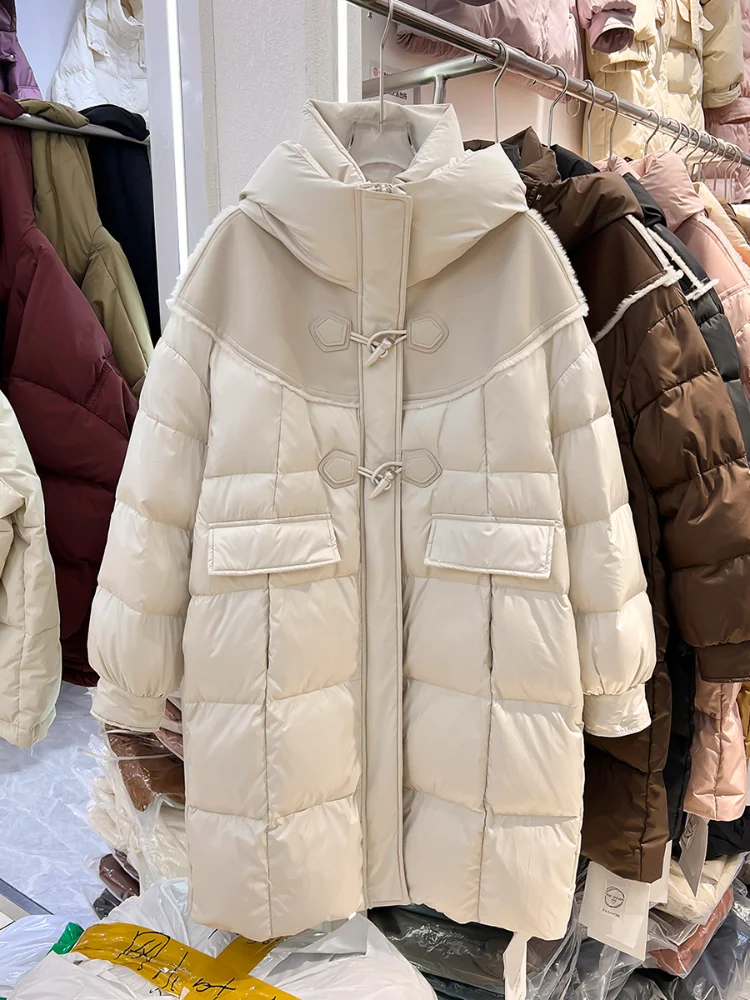 Winter Warm Coat Hooded Splicing Long Down Jacket Horn Buckle Thickened White Duck Down Temperament Elegant Slim Women's Coats