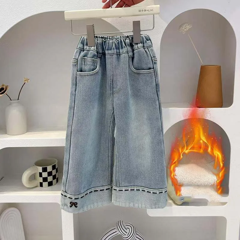 Autumn Winter Children Girls Jeans Cotton Integrated Kids Babys Girls Denim Pants Loose Bow Hem Toddler Little Girls Trousers