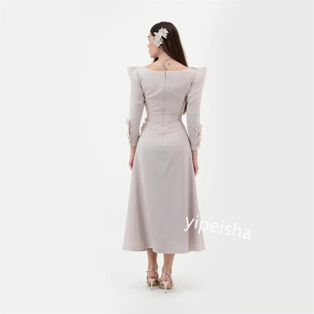 Gaun Prom A-Line Kustom Gaun Malam Lengan Penuh Kerah Persegi Panjang Teh Gaun Pesta Terbungkus Bunga Fashion Sederhana