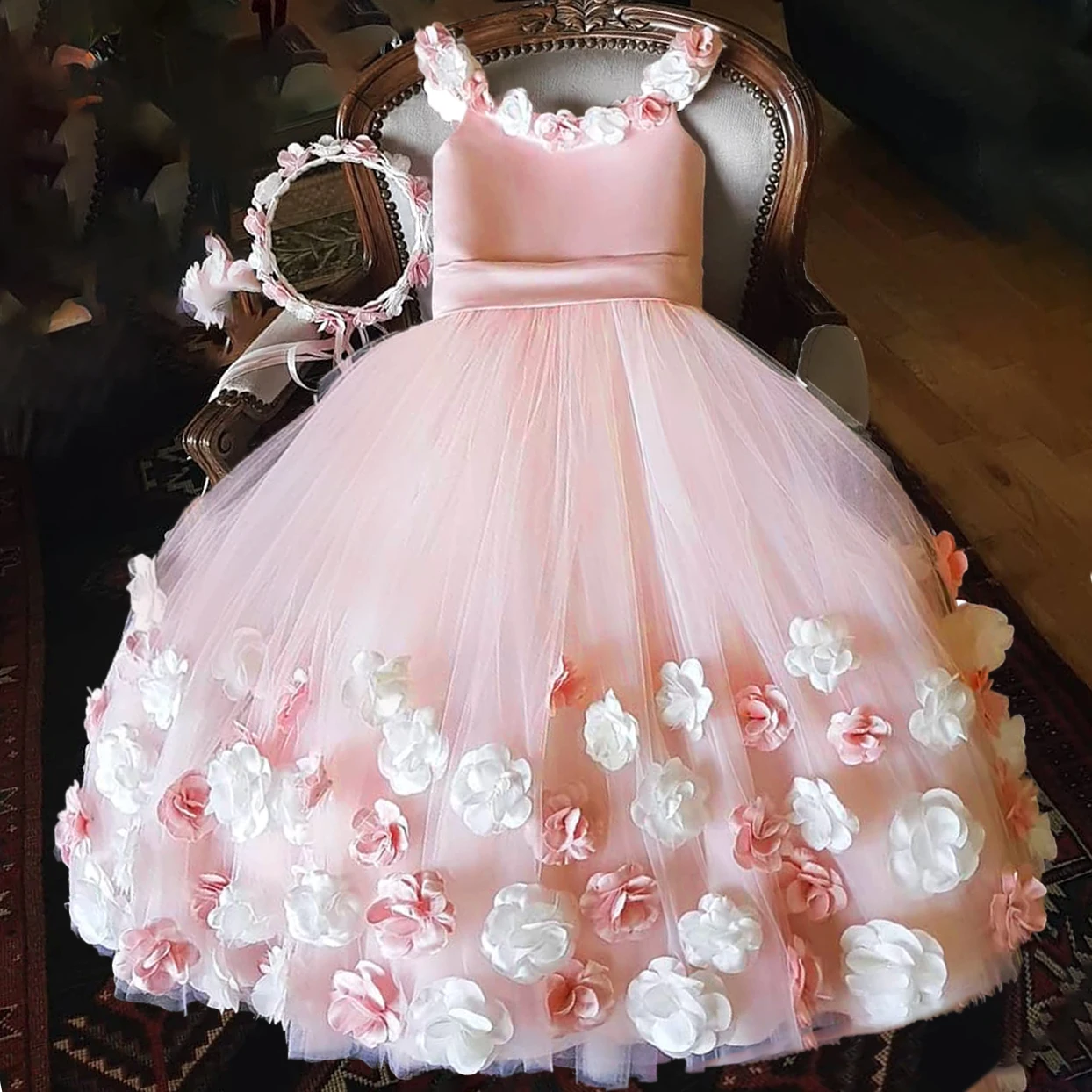 3D Flower Lace Trailing Girls Dress Elegant Pink Bridemaid Princess Party Kids Dresses for Girl Wedding Birthday Halloween Gown