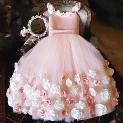 3D Flower Lace Trailing Girls Dress Elegant Pink Bridemaid Princess Party  Kids Dresses for Girl Wedding Birthday Halloween Gown