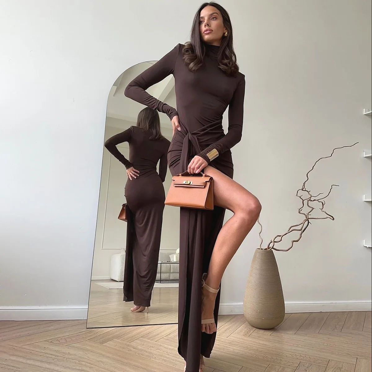 2025 Elegant Women Long Dress Slim Long Sleeve Split brown Dress Turtleneck Party Dresses Lady High waisted Evening Robes 1221-5