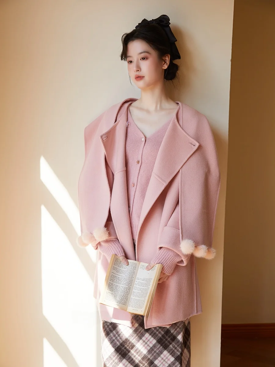 

LalimStudio двусторонний шерстяной шарф винтажное пальто средней длины для девочек в стиле ретро для зимней моды женская шерстяная верхняя одежда