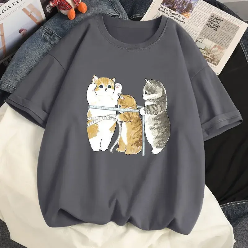 

Summer Funny Kitten Print Short Sleeve Loose Women T-Shirt Oversize New Home Simple Casual Round Neck Half Sleeve Top clothes