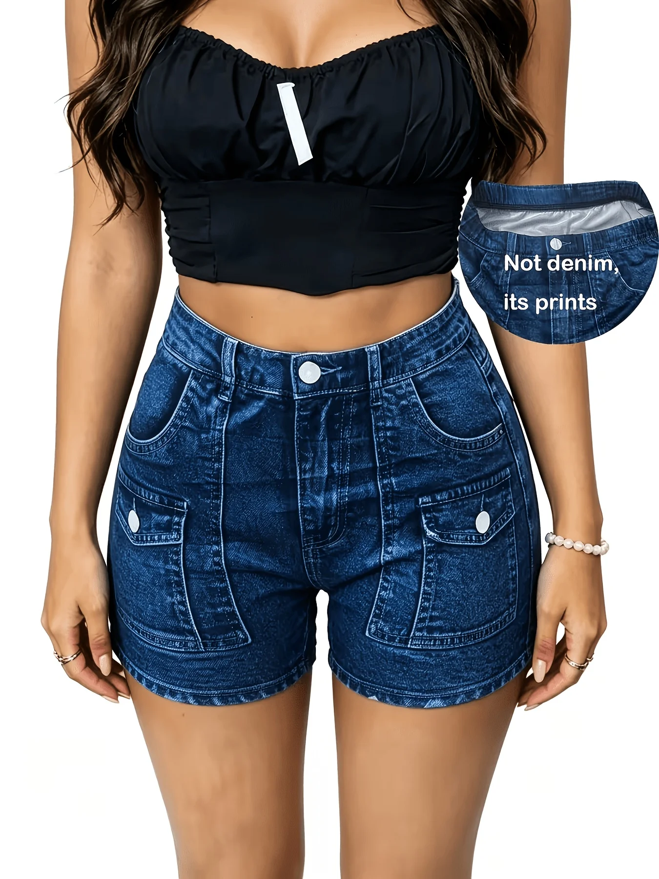 Printed Legging - Not Denim Fabric All-over Faux-Denim Printed 3-Inch Shorts with Faux Pocket and Button Print Details. New-a
