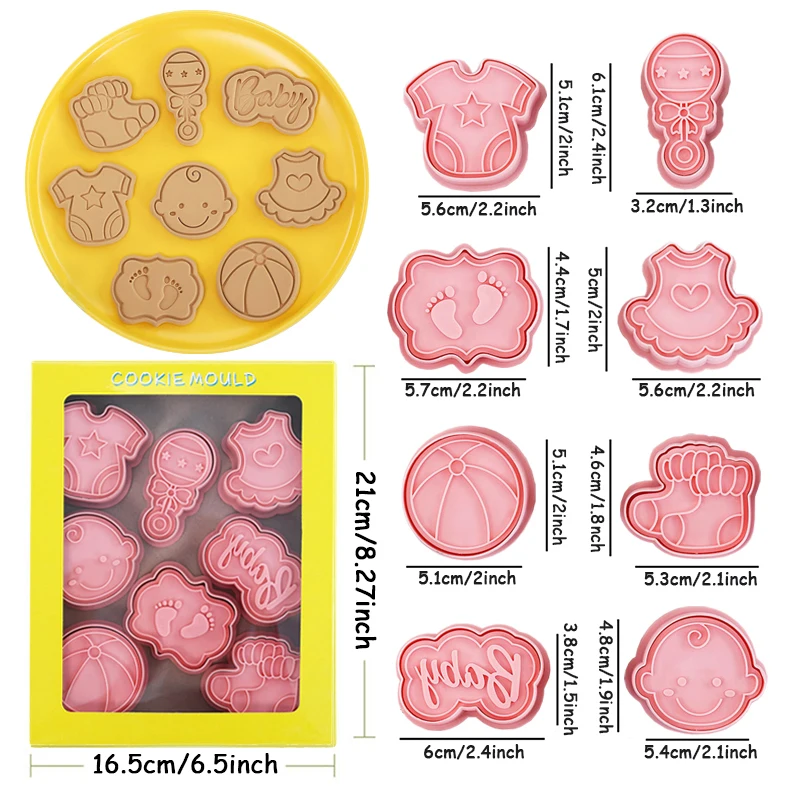 8Pcs/Set DIY Baby Theme Cartoon Cookie Embosser Cutters 3D Baby Shower Rattles Ball Clothes Feet Skirt Socks Biscuit Mould Tools