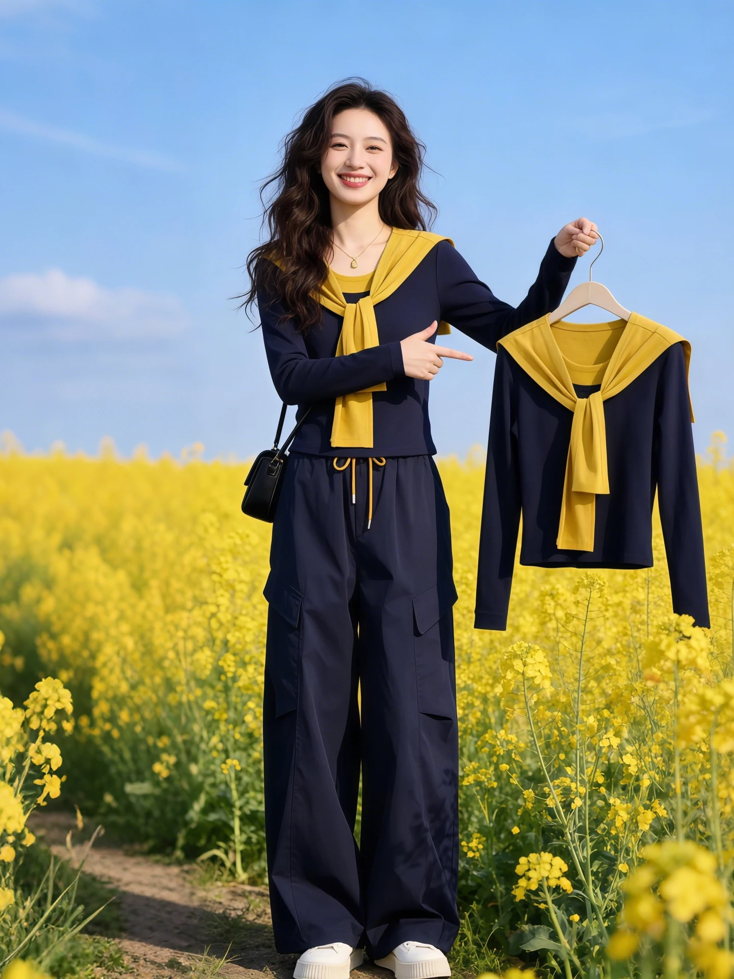 

Spring 2026 Women's Color Block Shoulder Wrap Top Wide Leg Pants Two Piece Set Beautiful Commute Style Long Sleeve round Neck