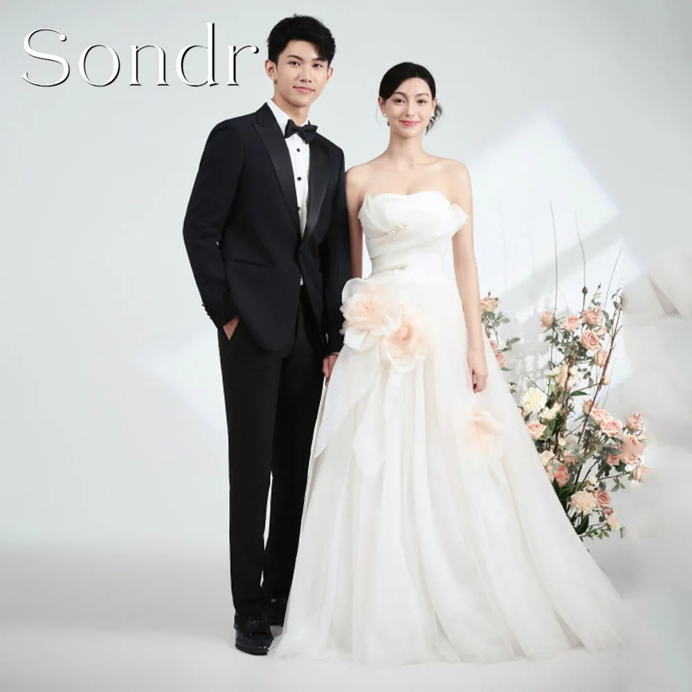Sondr Customized Elegant Korean Wedding Dresses Strapless Handmade Flowers Pearls Bridal Party Gown Floor-Length Snap Dress