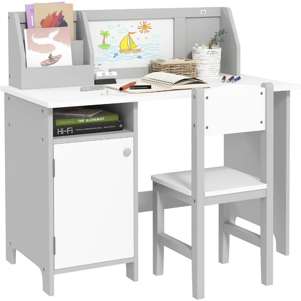 

Toddler Desk and Chair Set, Kids Writing Desk Study Table for Children with Whiteboard, Storage Cabinet, Child Furniture