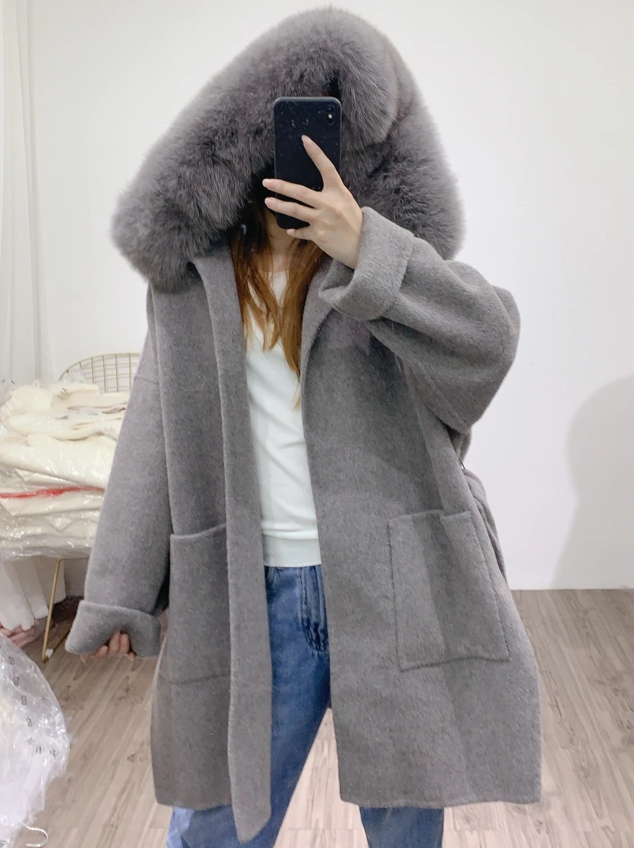 Furshehe Autumn Winter Women Wool Coat With Real Fox Fur Collar Loose Belted Cashmere Coat Ladies Winter Jacket