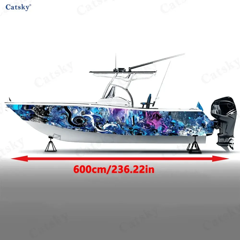 Pink-Blue Swirl Cloud Graffiti Boat Stickers, PVC Waterproof Vinyl Wrap Decals for Fishing Boats, Durable and Stylish Design