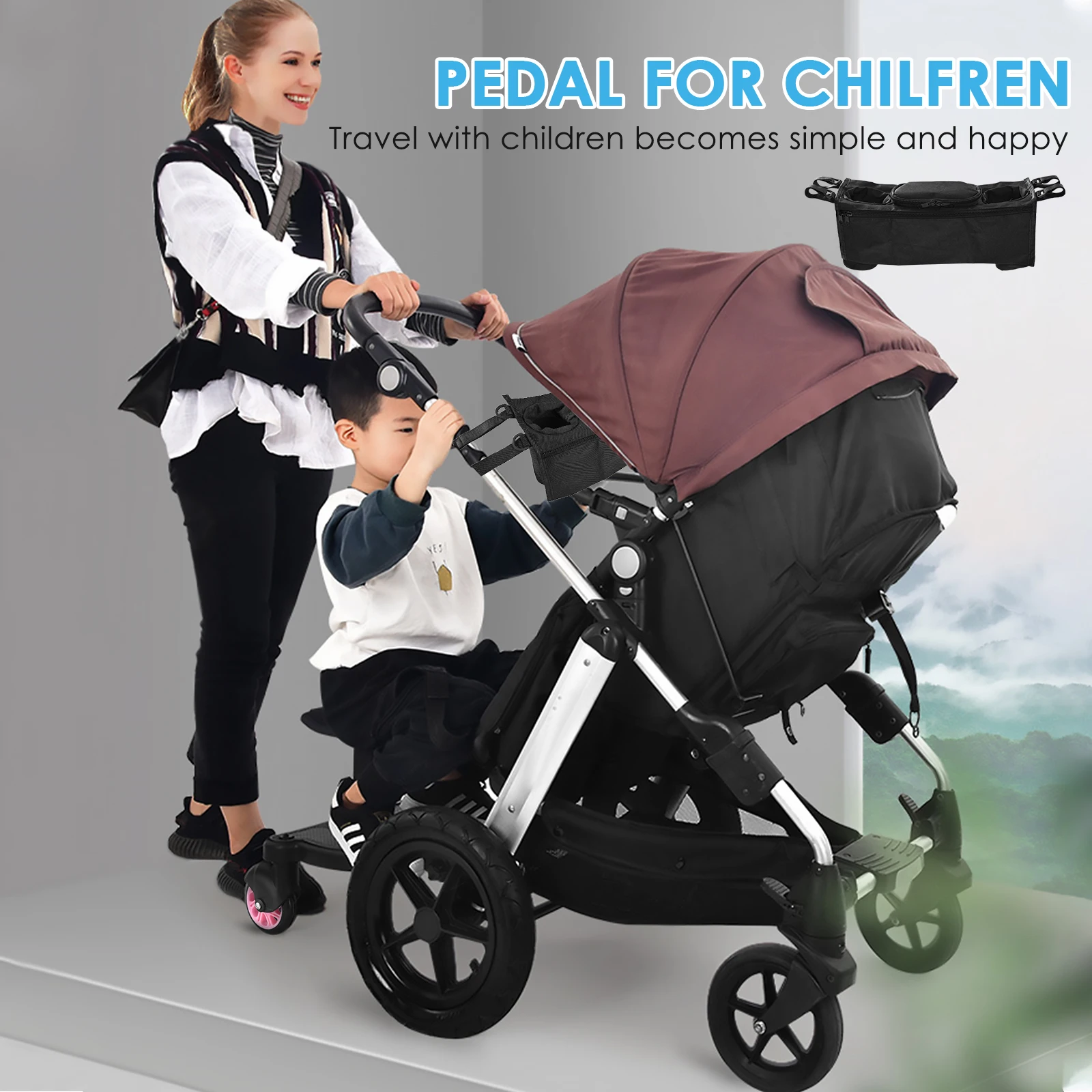 Universal Strollers Step Board Adapter, segunda criança Jogger, Footborad com assento, gêmeos Scooter, Baby Pram, para-choques Hitchhiker, 2 em 1