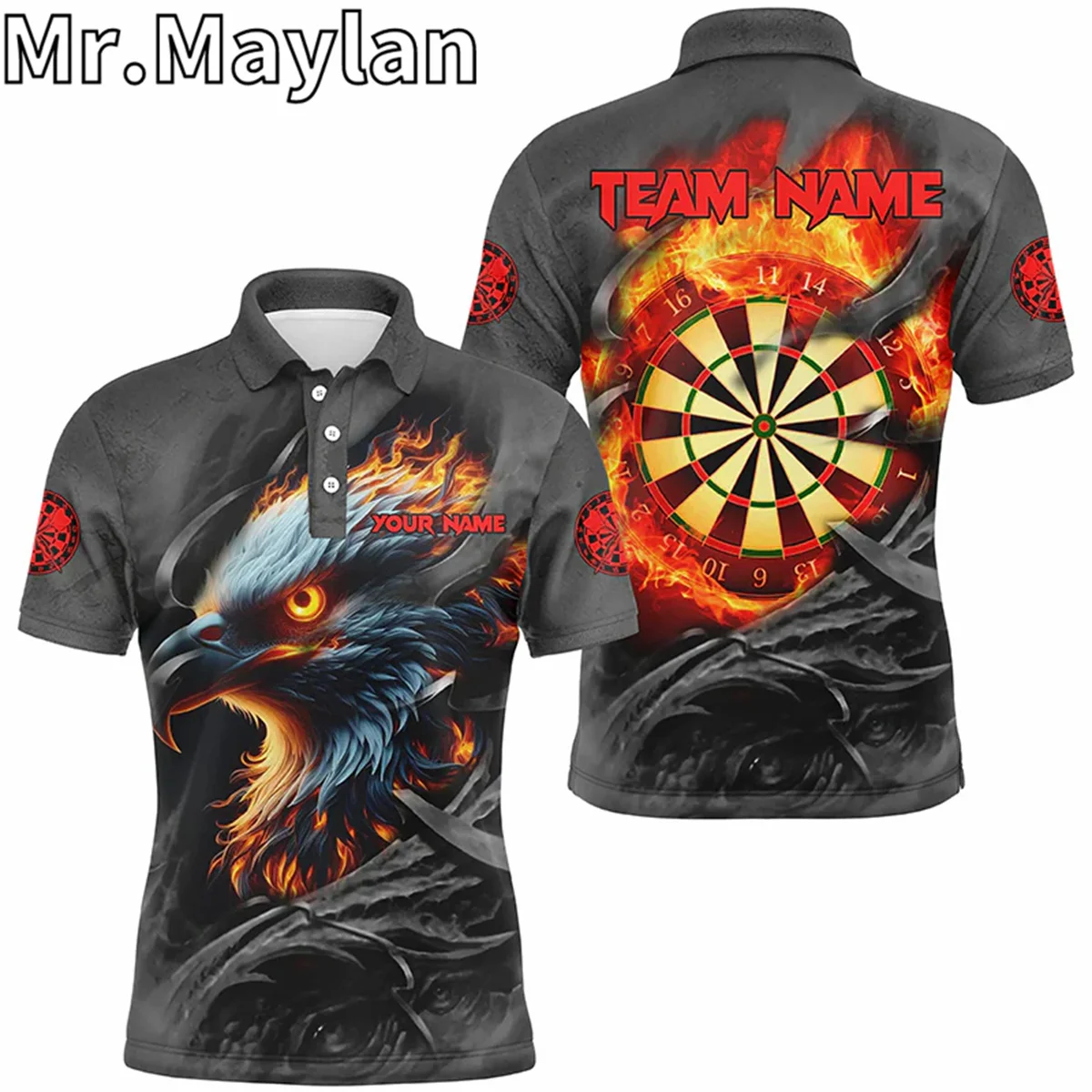 

3D Darts Eagle Red Fire Flame Custom Sports Polo Shirts For Men Personalized Darts League Team Jerseys Gifts For Darts Lovers