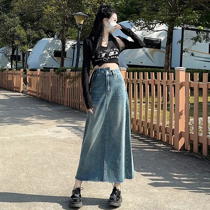 

Pop Vintage Style Denim Skirt For Women High-Waisted Slimming Korean Version A- Line Medium Length Bodycon Skirt Summer 2023 New