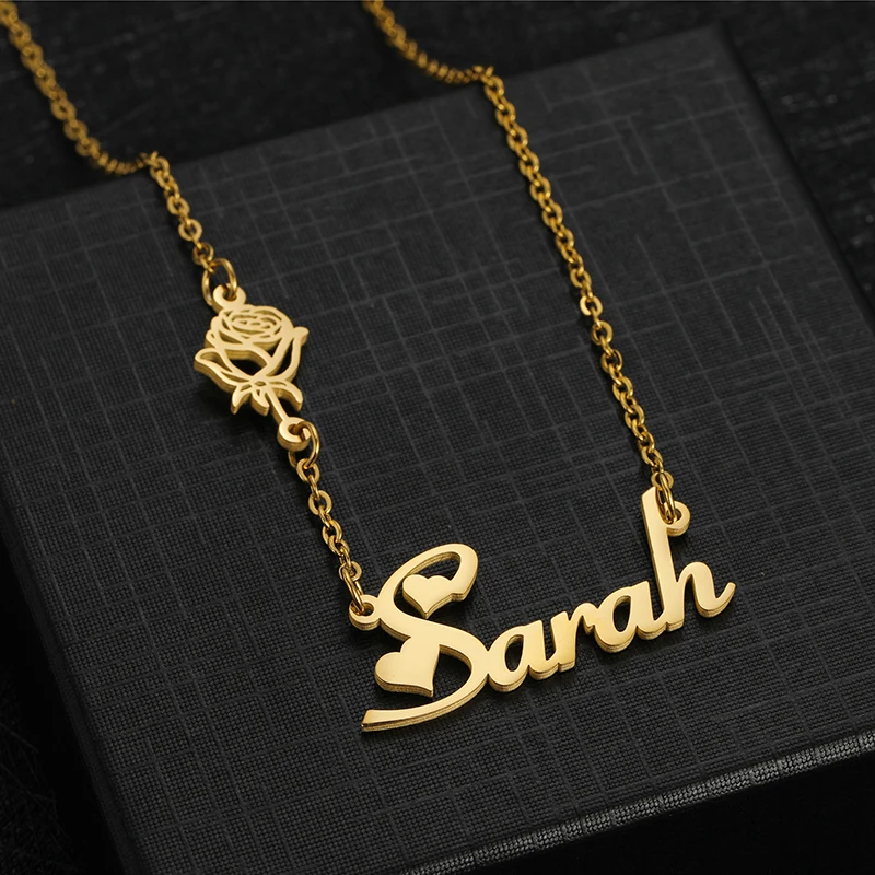 Personalized Birth Flower Chain Name Necklace Stainless Steel Customized Romantic Letter Names Choker Pendant Necklaces Women