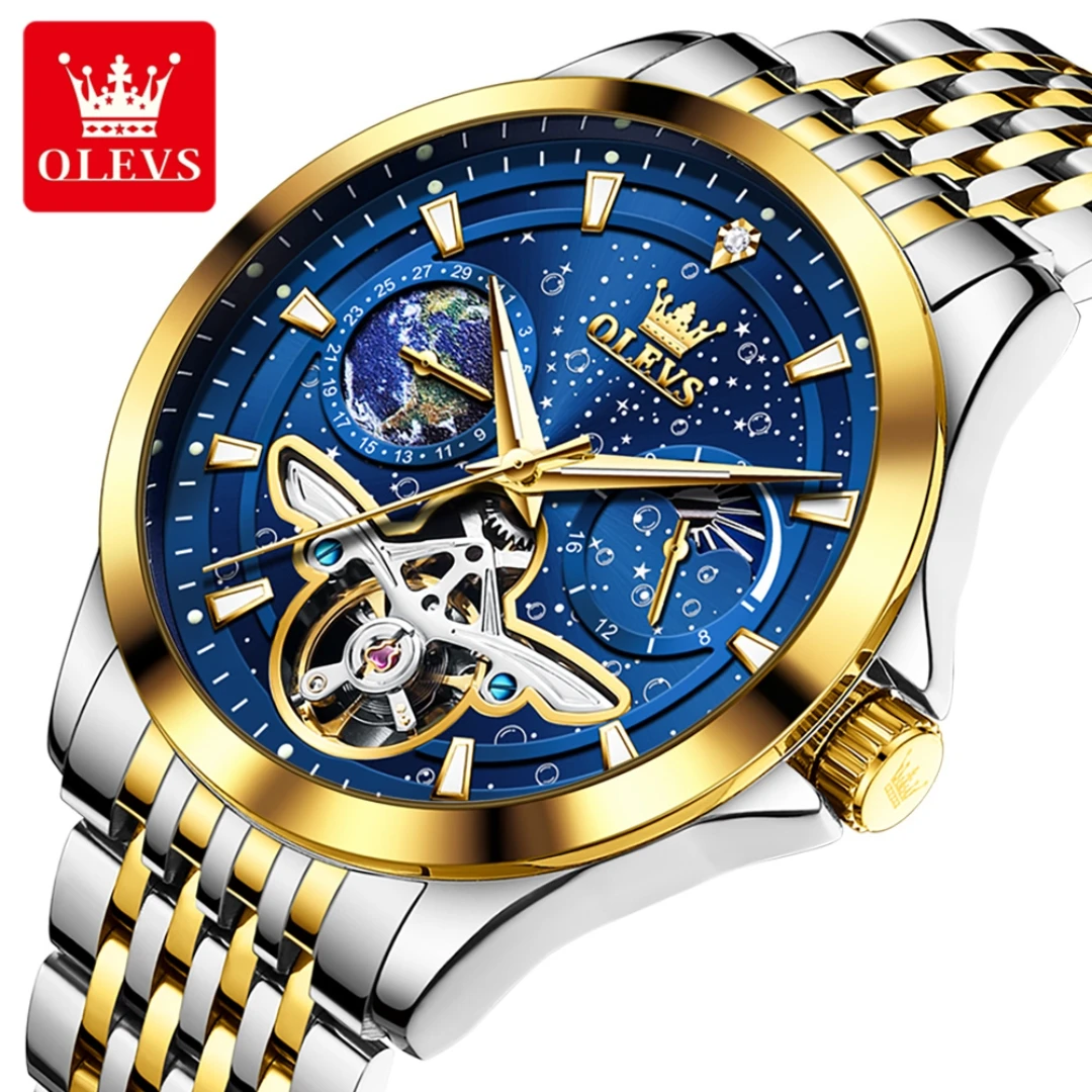 OLEVS 6705 Fashion Mechanical Watch Gift Stainless Steel Watchband Round-dial Wristwatch Calendar Luminous