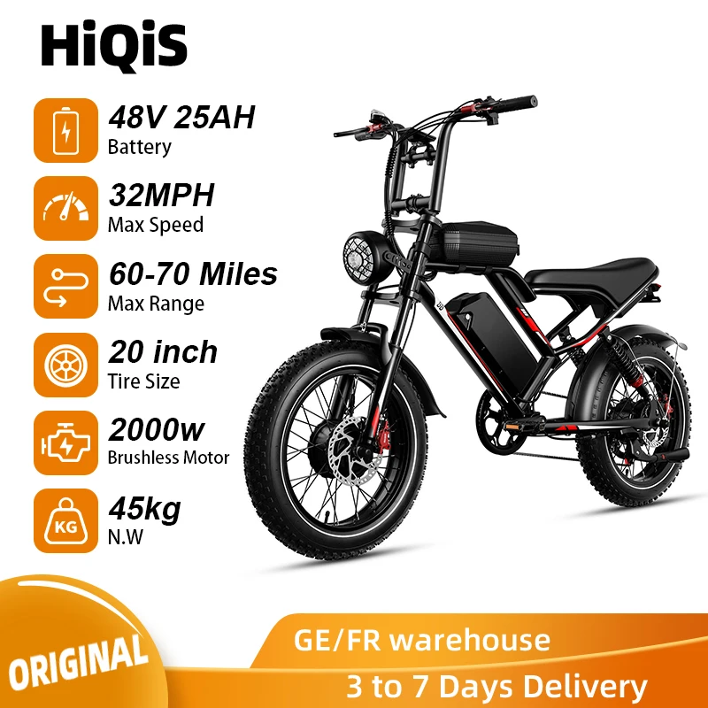 HiQiS S8 moteur de puissance de vélo électrique 32MPH 48V 25AH double suspension 20 pouces gros pneus longue portée 70 milles e-bike pour adultes