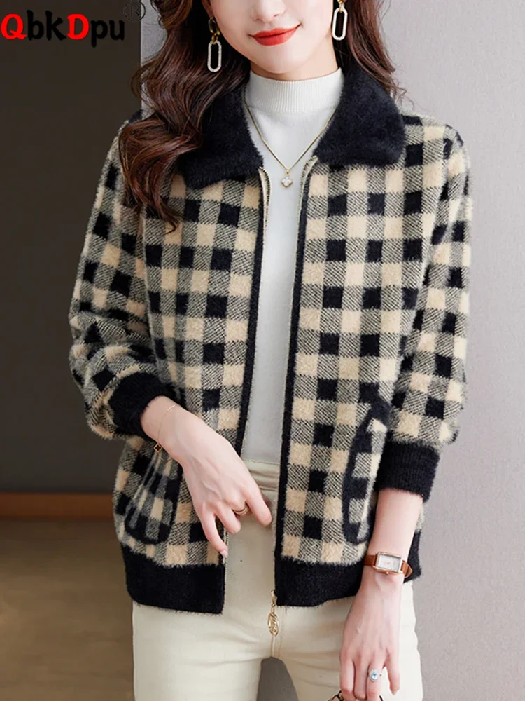 

Plaid Design Thick Outerwears Women Casual Lapel Neck Zipper Jackets Tops Korean Fashion Long Sleeve Mom Winter Chaquetas New