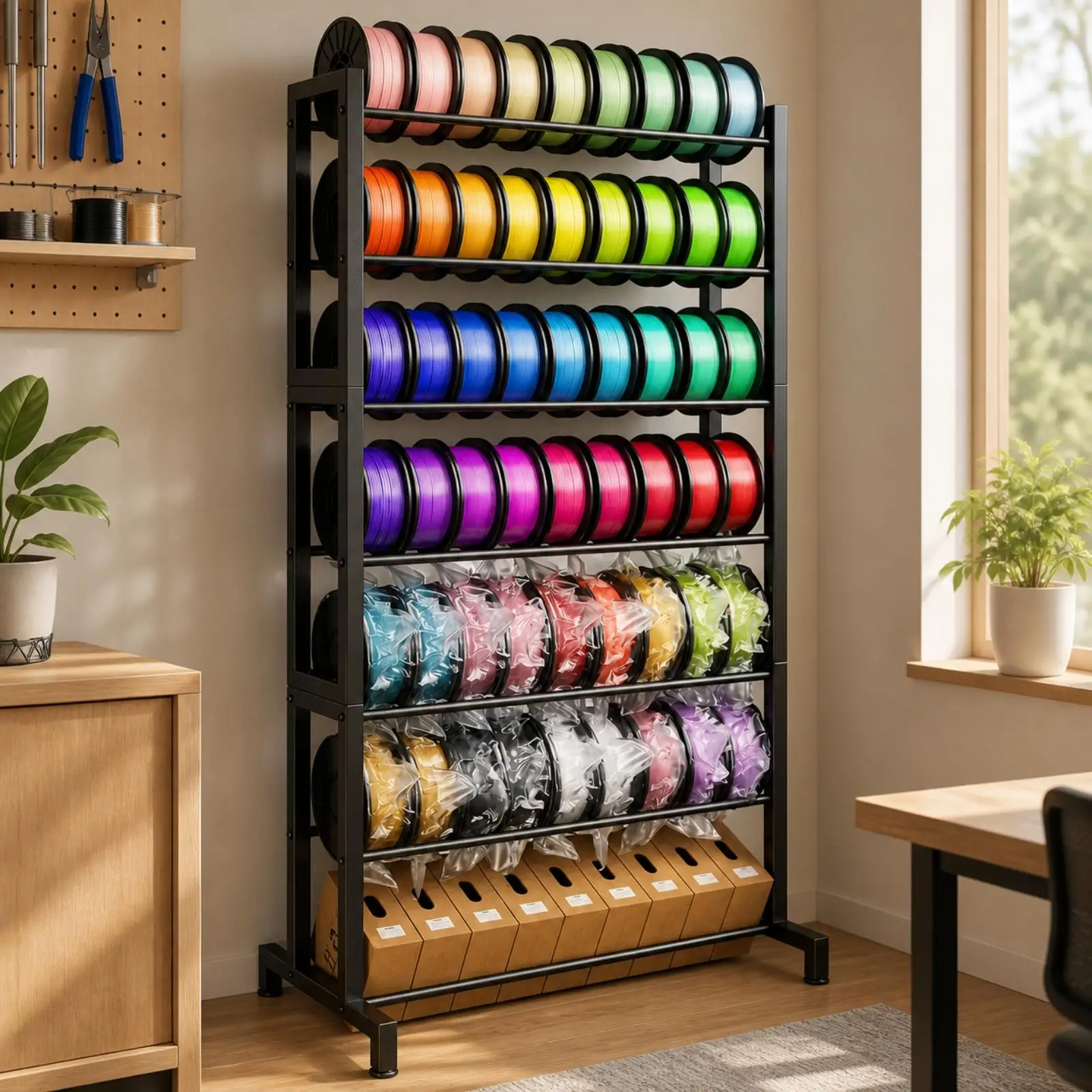 Black Iron Filament Spool Storage Rack Freestanding Organizer Shelf for 3D Printer Workshop Studio Classroom
