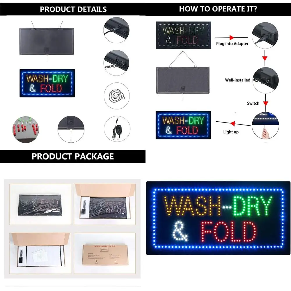 

High-Brightness LED Sign for Laundromat or Business - Open/Wash Dry Display for Window Decor