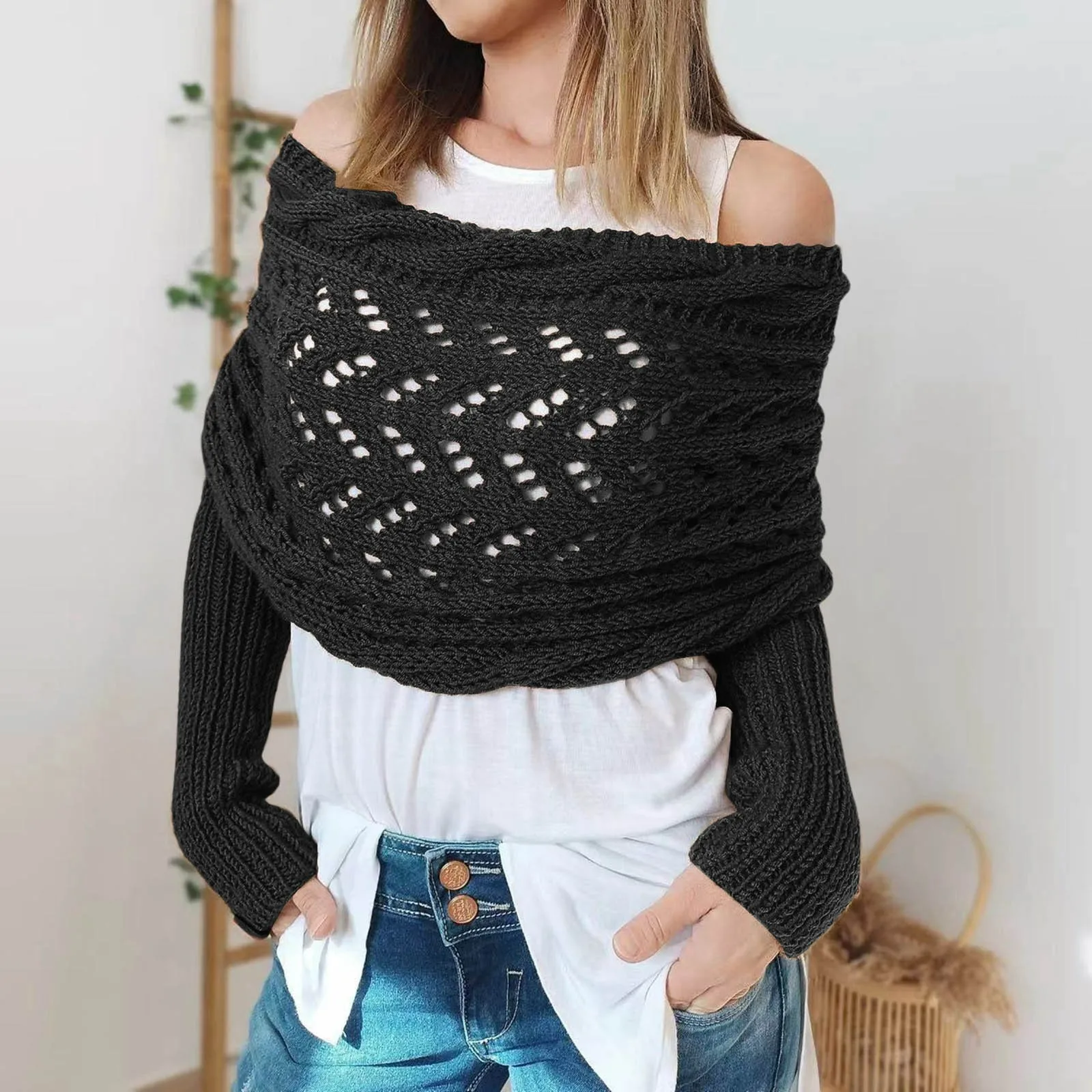 Autumn Winter Women Knitted Shawl Scarf Twist Long Sleeve Outdoor Warm Soft Hollow Out Crop Top Shawl Scarf