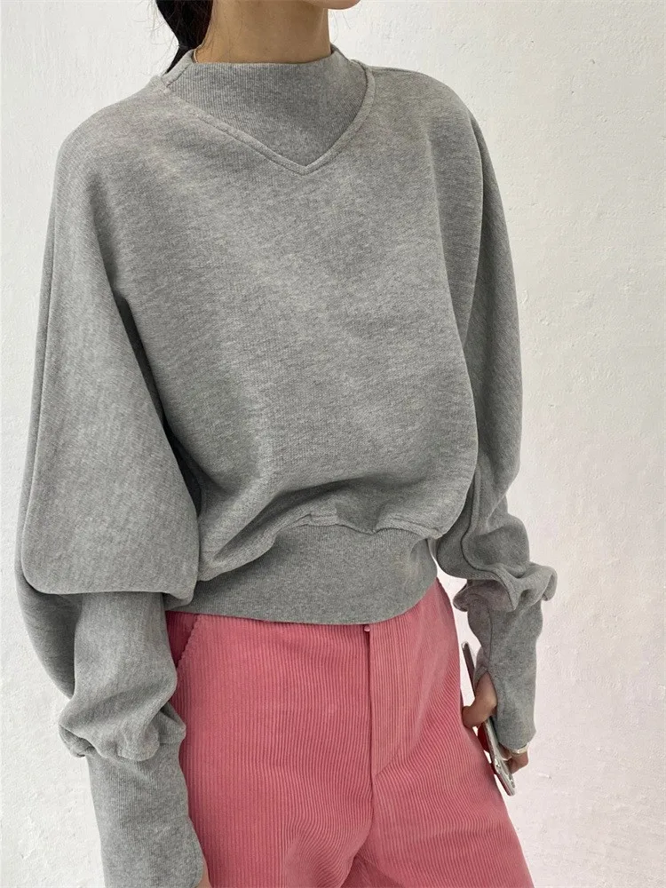 

Модные укороченные толстовки с завязкой на талии, женские осенние Harajuku, повседневный пуловер большого размера, женские серые толстовки с круглым вырезом и длинными рукавами