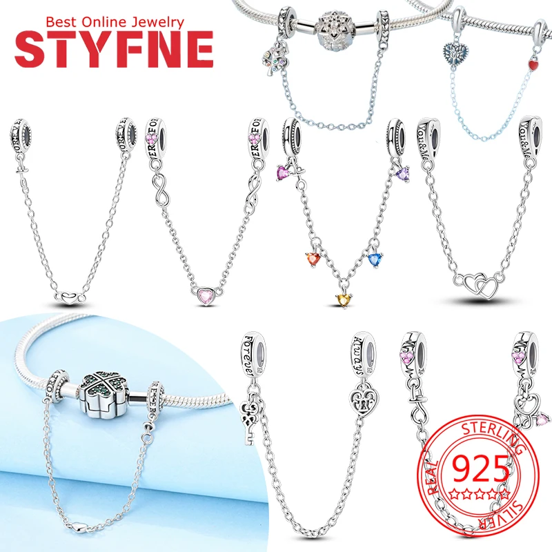 

Safety Chains Sterling Silver 925 Lucky Pink hearts Lock Charms Fit Original Bracelets Beads for Women DIY Jewelry Making Gift