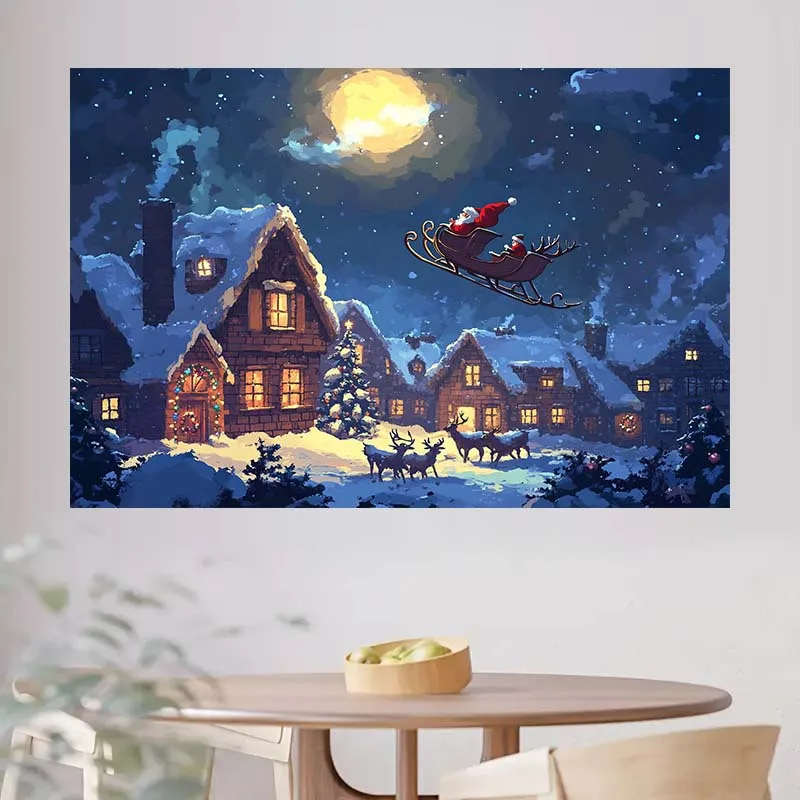 سانتا كلوز زلاجات قرية عيد الميلاد خلفية مع القمر والثلج والرنة - بوليستر، لا يتطلب طاقة