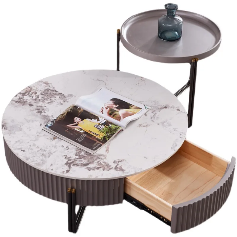 

Комбинация журнального столика и тумбы под телевизор из каменной плиты, современный дизайн для гостиной, для небольшой квартиры, круглый чайный столик