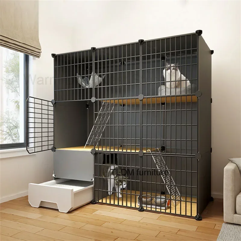 modern Iron mesh Cat Cages multi-layer space Cat Villa with Litter box Toilet pet Cage for Cats Indoor Luxury Cat house Dog Cage