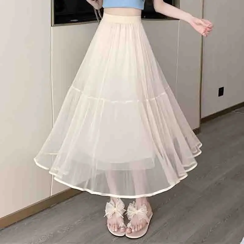 

Spring And Summer Female High Waisted Appear Thin Pleats Mid Length Version Pleated Skirt Women Fashion Loose Fitting Mesh Skirt