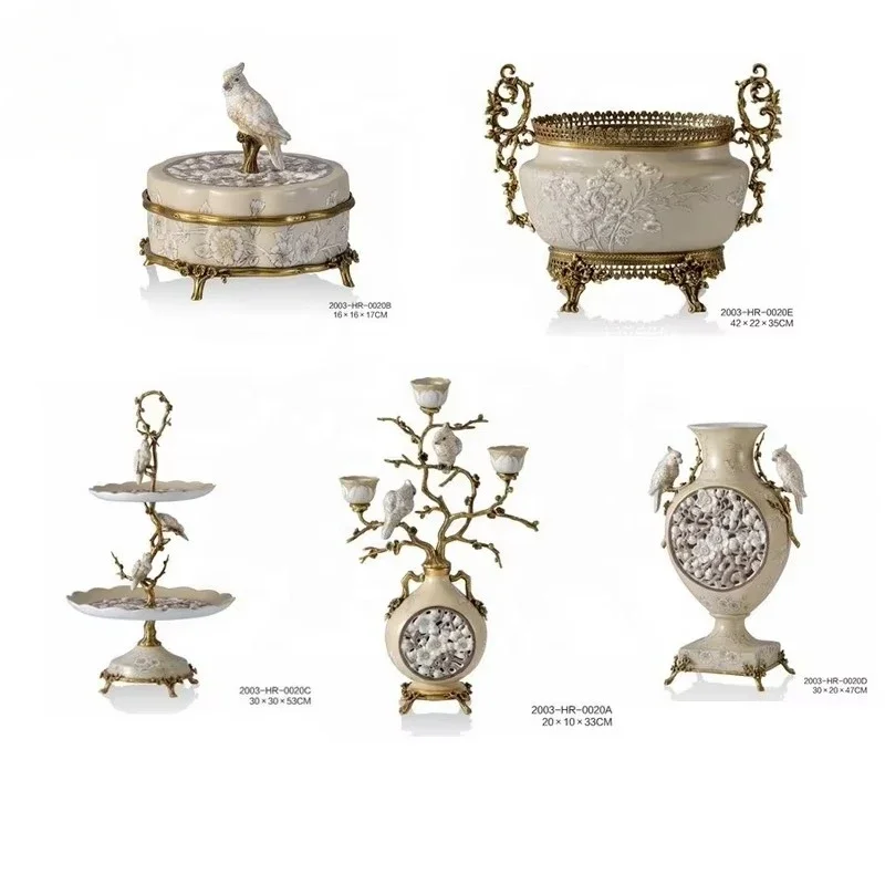 Antique European brass with porcelain bird candlestick vase luxury double layer fruit dish home decoration decoration flower pot