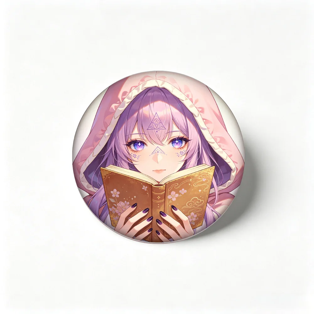 Anime Pins Original Library Witch Character Tinplate Round Badge, Cartoon Brooch for Backpack Hat Clothing Decoration