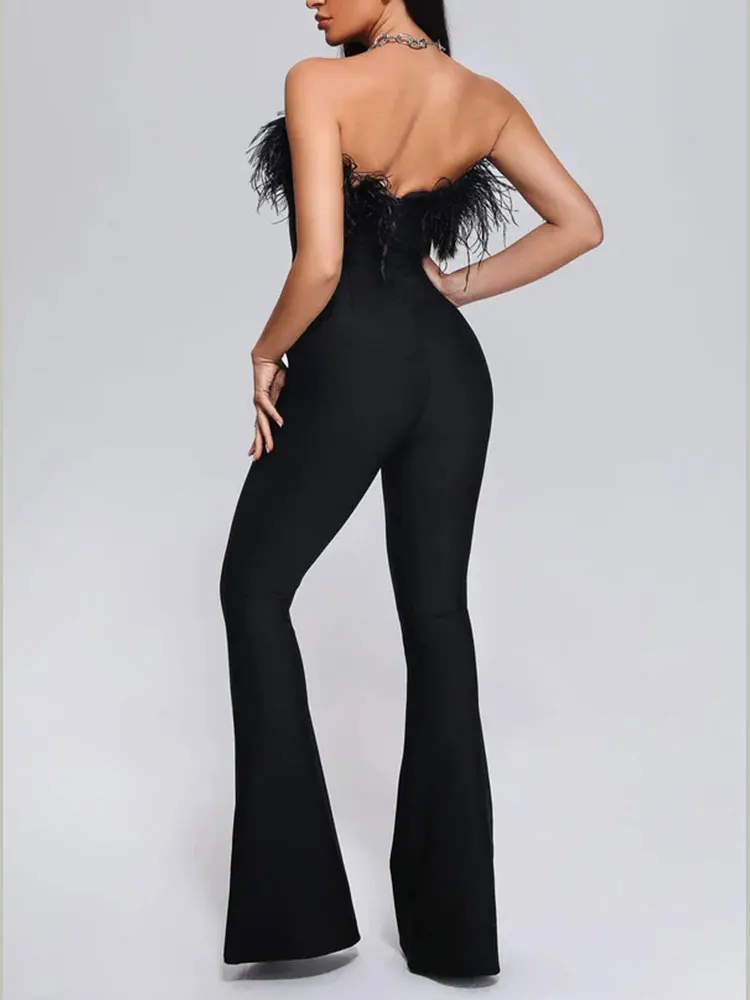 Sexy Women Strapless Sleeveless Off Shoulder Feather Design Bandage Jumpsuit Women\'s 2023 Fashion Elegant Party Speaker Jumpsut