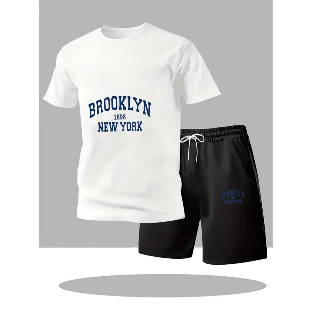 

New Summer Fitness Sportswear for Men Short-sleeved T-shirt and Shorts Two-piece Set Breathable and Quick-drying Casual Wear