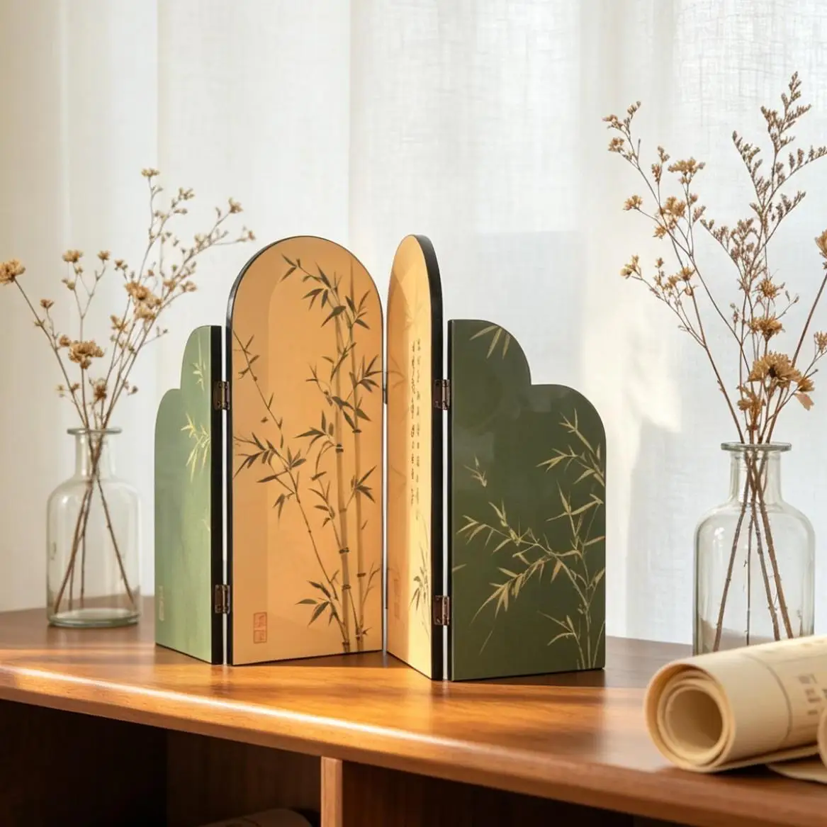 41x24CM Double-sided Folding Screen Landscape Painting Decor Art Piece, Classical Lacquered Wooden Crystal Porcelain Painting