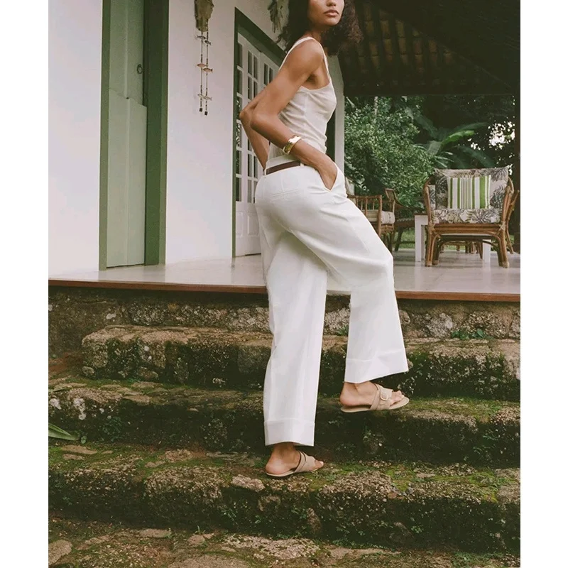 Summer Women's High Waist Simple Design Belted Casual Long Pants Straight Leg Zipper Closure Commute Sle Polyester Fiber