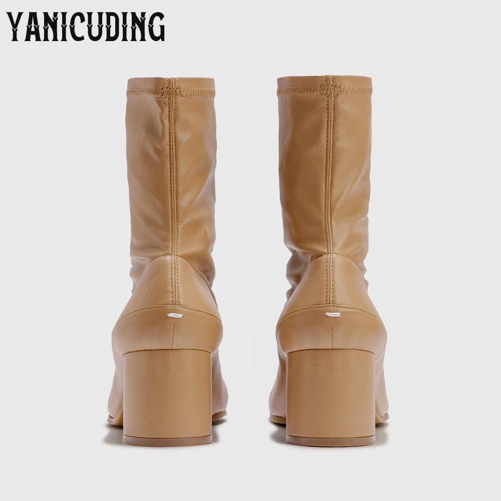 Botki na wysokim obcasie Tabi Stretch Botki damskie Miękkie skórzane botki Designerski styl Wsuwane cylindryczne obcasy Split Toe Comfort Boots