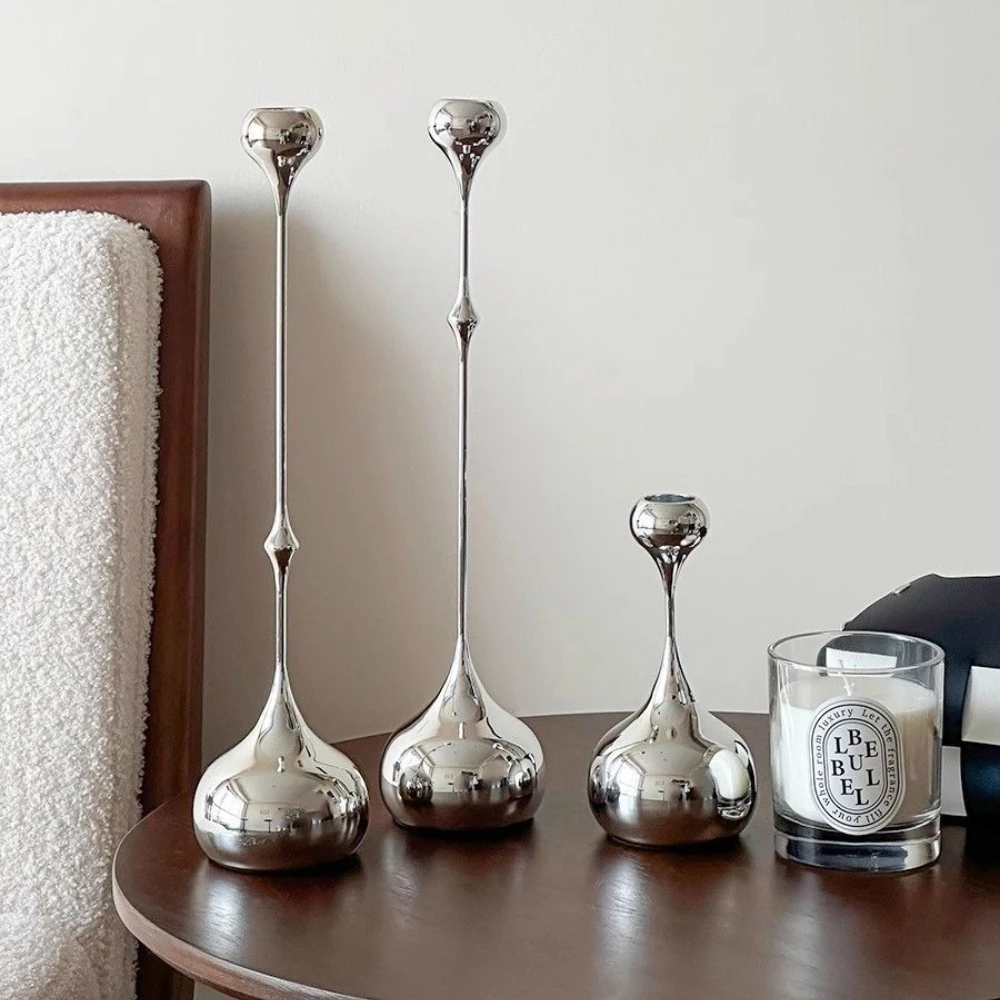Silver Metal Taper Candle Holder Set of 3 Water Drop Shape Candlestick Modern Tabletop Decor for Wedding Dining Room