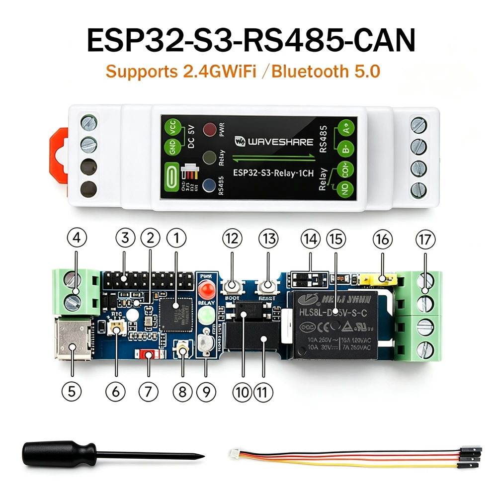 Waveshare ESP32-S3 Relay Module with WiFi Bluetooth RS485 1CH Industrial Controller for IoT Modbus DIN Rail Safety