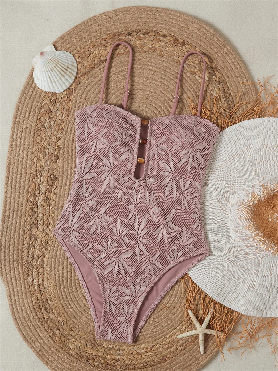 Einteiliger Badeanzug für Damen, gehäkelte Spitze, tiefer V-Ausschnitt, sexy Badeanzug, Sommer, Strandurlaub, Bademode, verstellbarer Riemen, Monokini – Detail 7
