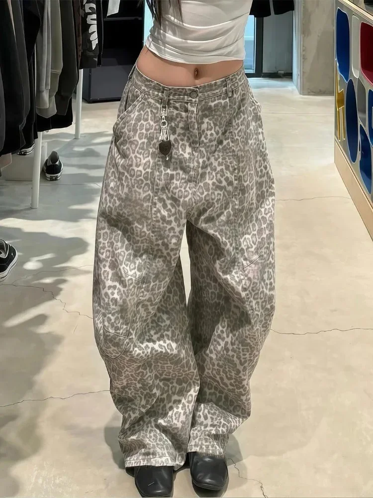 Damskie jeansy w panterkę, odzież streetwear, moda Y2k, spodnie koreańskie, pantalon femme, grube, luźne spodnie dżinsowe casual