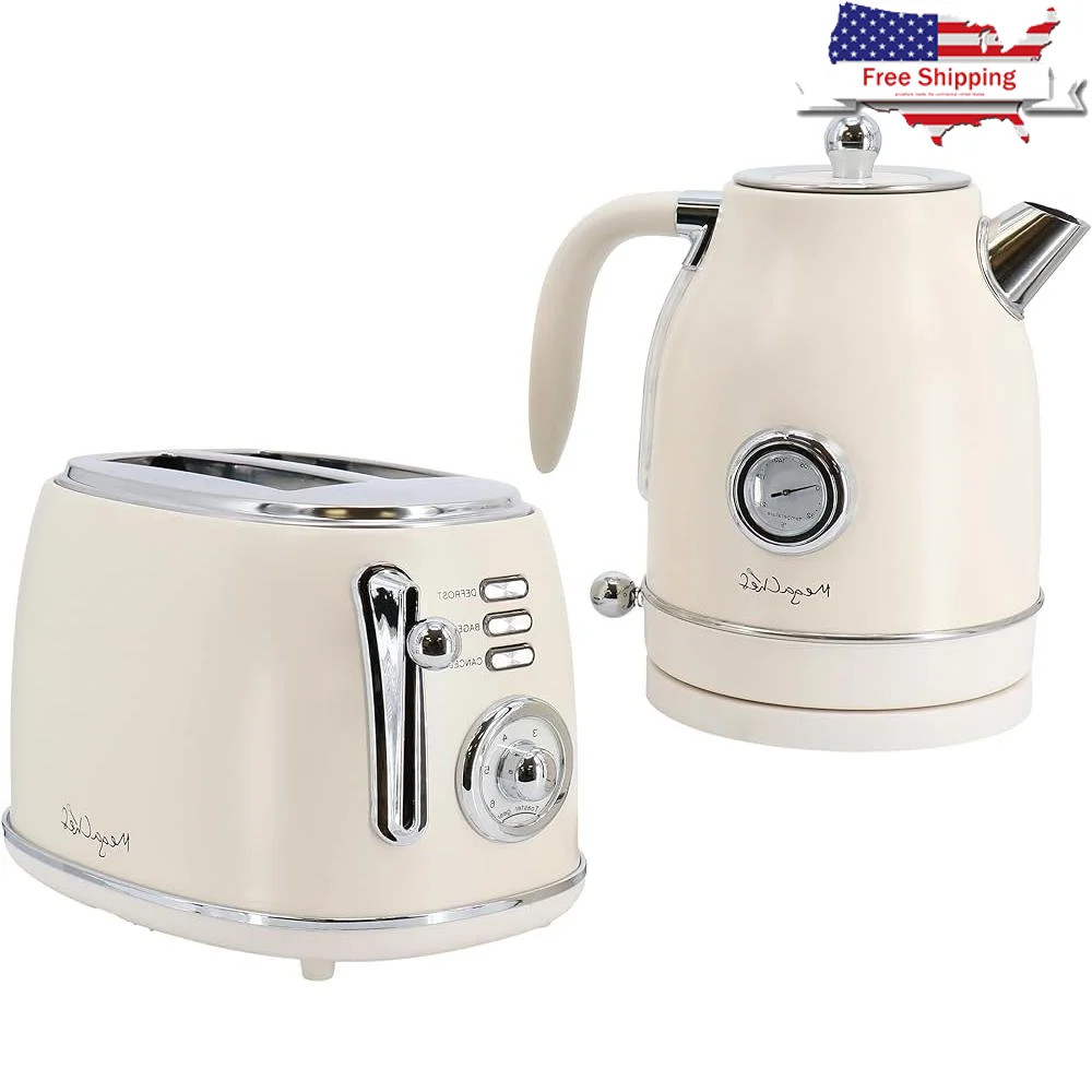 

Electric Tea Kettle with Fahrenheit Thermometer and Stainless Steel Filter 1.7 Qt Automatic Shut Off Toaster 2 Slice 6 Browning