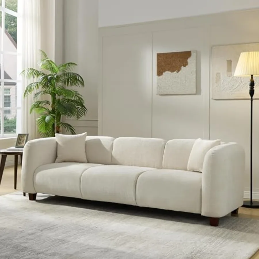 

87" Velvet Upholstered Sofa Couch 3 Seater with 2 Pillows, Modern Living Room Sofa with Solid Wood Legs, Beige