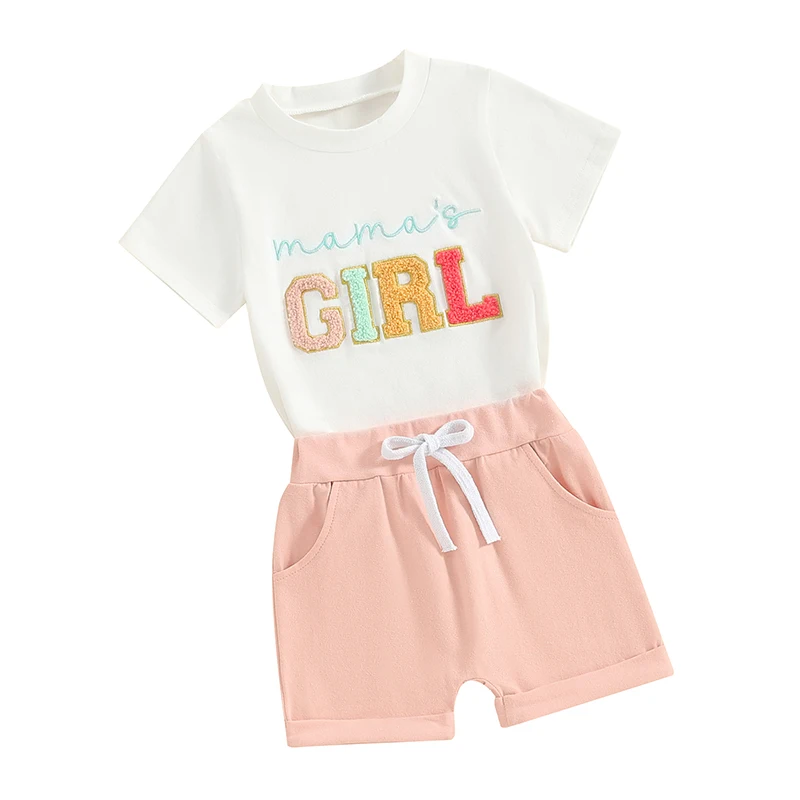 Toddler Summer Outfit Mama’s Girl Letter Embroidery T-Shirt Solid Color Shorts Infant 2Pcs Mother’s Day Clothes Set