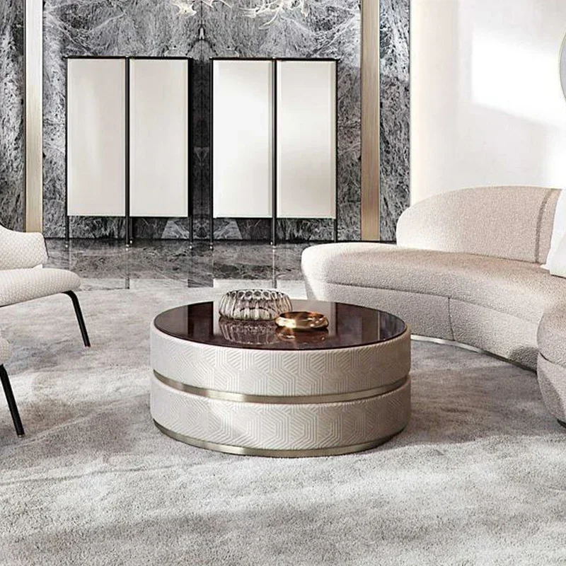 

A Italian light luxury round tea table stainless steel leather marble tempering glass coffee table for Villa living room hotel